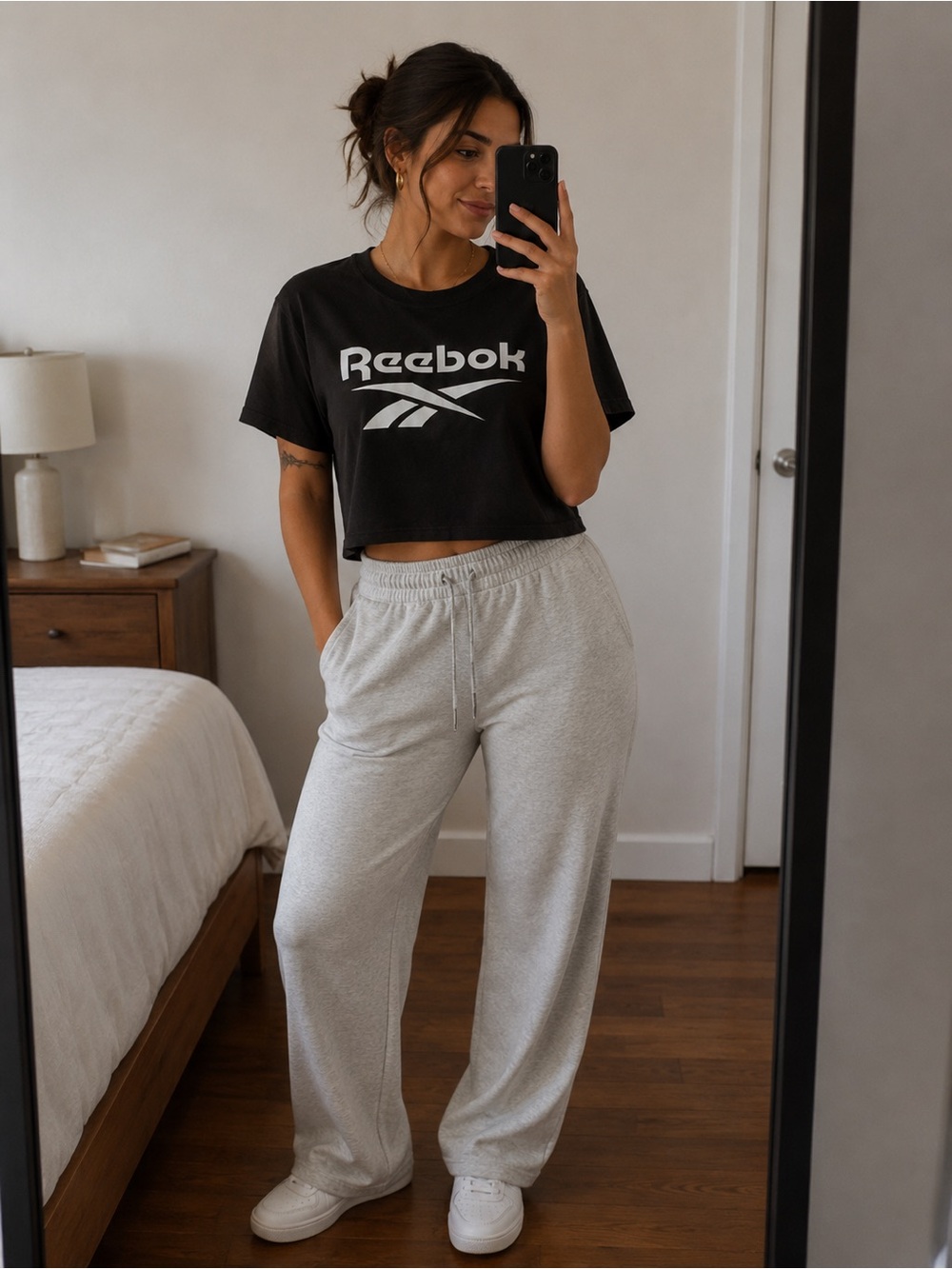 Reebok Black Cropped Short Sleeve Tee with White Logo